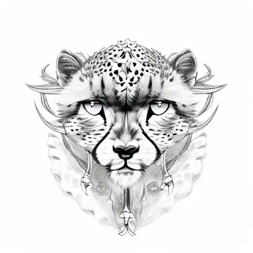 cheetah and woolly mammoth and 4 unique feathers as base with phrase Memento Mori  tattoo design idea