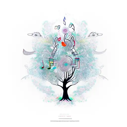 An intricate new-school design featuring a music note-shaped tree, with animals like deer, birds, and rabbits incorporated into the branches. tattoo design idea