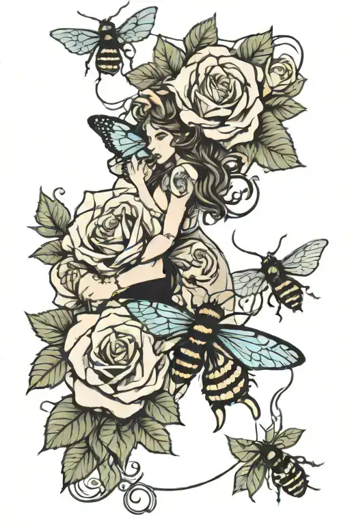 women thigh sleeve roses butter fly bee collecting nectar tattoo design idea