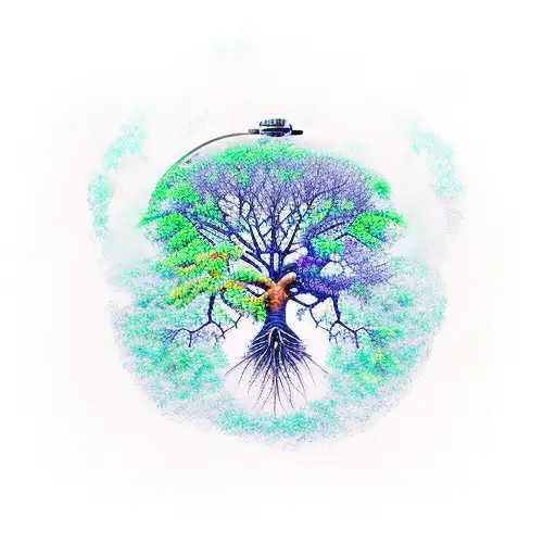 large tree with roots around an old fashioned pocket watch green blue orange tattoo design idea