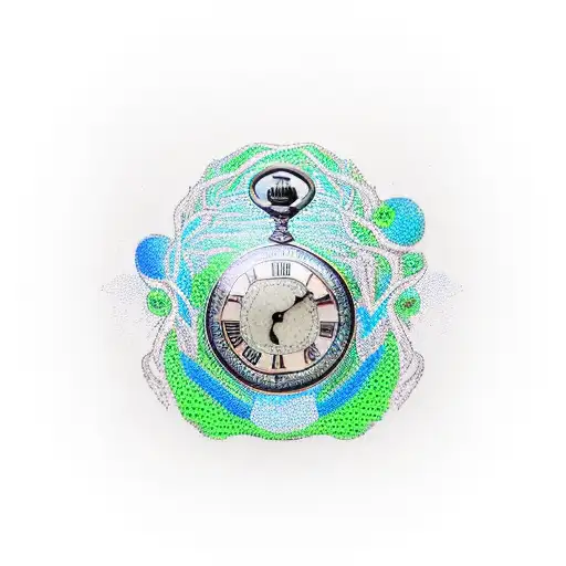 large tree with roots around an old fashioned pocket watch green blue orange tattoo design idea