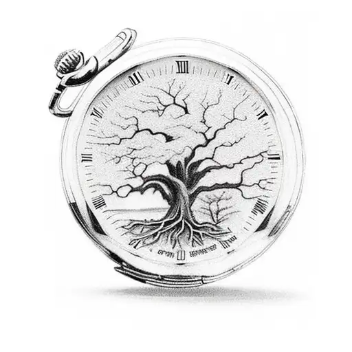 large tree with roots around an old fashioned pocket watch green blue orange tattoo design idea