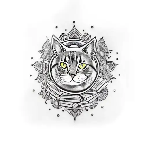 A traditional tattoo of a cat lounging on a pile of books with a mandala pattern in the background tattoo design idea