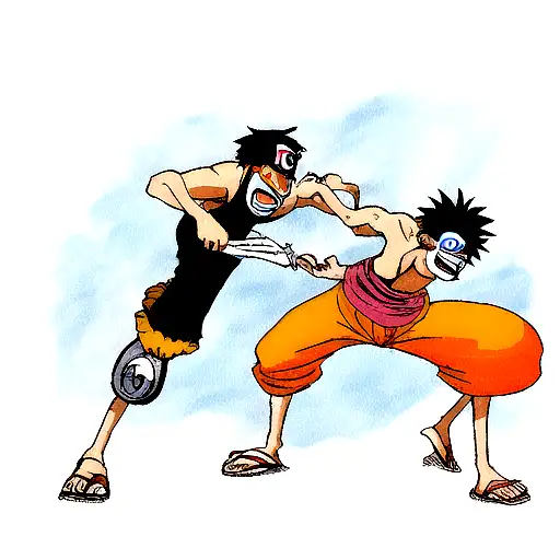 Naruto and Luffy from One Piece engaged in an epic battle tattoo design idea