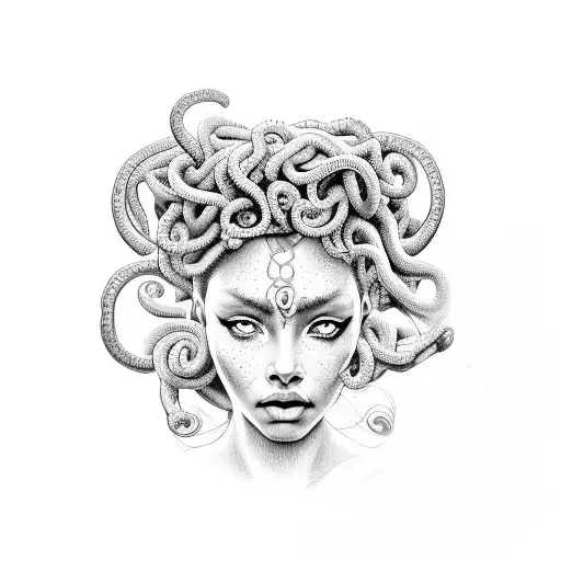 Medusa based on a black girls face, not realistic, combined with sun tattoo design idea