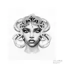Medusa based on a black girls face, not realistic, combined with sun tattoo design idea