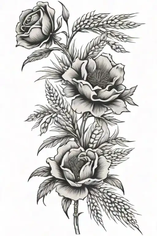 Wild Prairie Rose with Wheat sheaf motif tattoo design idea