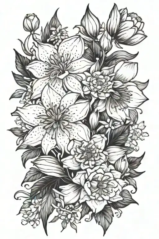Larkspur & water lily , Lily, Chrysanthemums, marigold & cosmos  in a Bouquet tattoo design idea