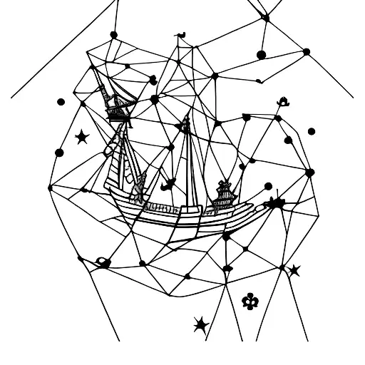 pirate ship on sea under the stars  birds milky way time geometric tattoo design idea