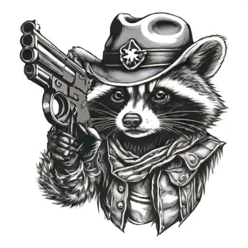 Raccoon with revolvers and a cowboy hat tattoo design idea