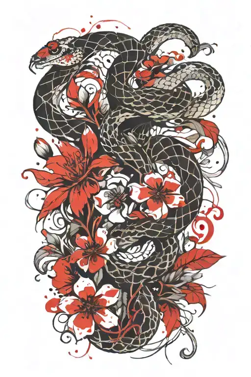 Snake and Flowers tattoo design idea