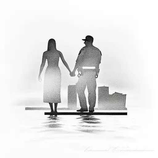 A silhouette of a police officer holding hands with their daughter, standing on a pier overlooking the ocean in Germany tattoo design idea