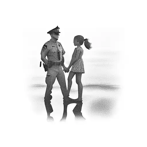 A silhouette of a police officer holding hands with their daughter, standing on a pier overlooking the ocean in Germany tattoo design idea
