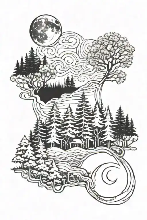 Forest, moon and scoop tattoo design idea