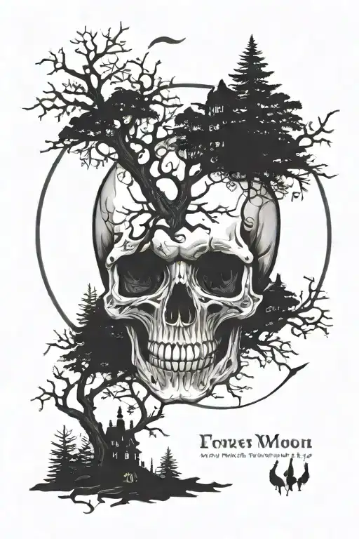 forest moon cemetery skull tattoo design idea