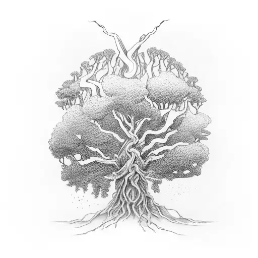 Yggdrasil, the World Tree, with roots extending into a forest tattoo design idea