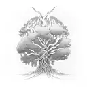 Yggdrasil, the World Tree, with roots extending into a forest tattoo design idea