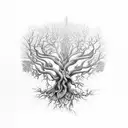 Yggdrasil, the World Tree, with roots extending into a forest tattoo design idea