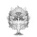 Yggdrasil, the World Tree, with roots extending into a forest tattoo design idea