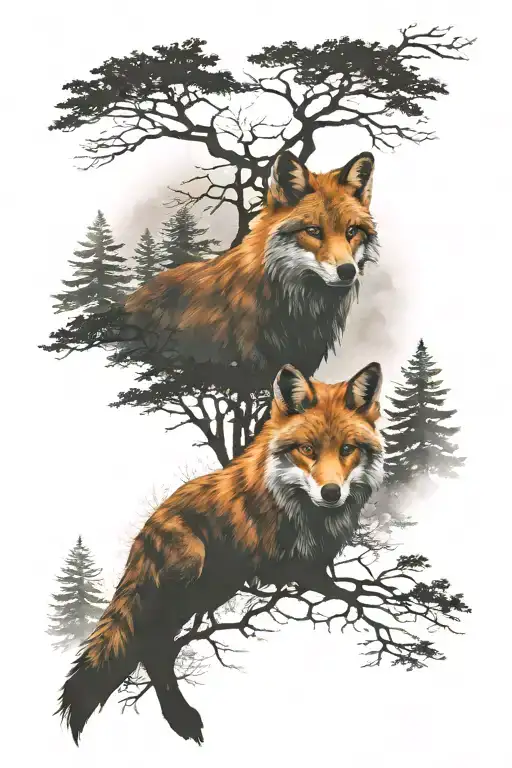Fox and Wolf in the foggy forest tattoo design idea