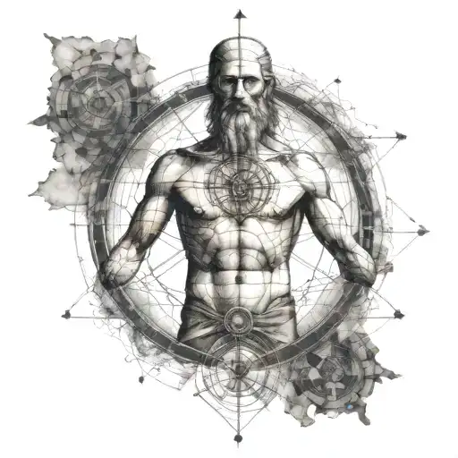 An intricate tattoo of Leonardo da Vinci's Vitruvian Man intertwined with blockchain symbols and trading charts, representing the fusion of art and technology tattoo design idea