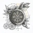 A tattoo design featuring a Roman coin surrounded by statistical charts and graphs, symbolizing the intersection of ancient history and modern finance tattoo design idea