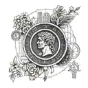 A tattoo design featuring a Roman coin surrounded by statistical charts and graphs, symbolizing the intersection of ancient history and modern finance tattoo design idea