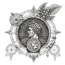 A tattoo design featuring a Roman coin surrounded by statistical charts and graphs, symbolizing the intersection of ancient history and modern finance tattoo design idea