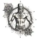 An intricate tattoo of Leonardo da Vinci's Vitruvian Man intertwined with blockchain symbols and trading charts, representing the fusion of art and technology tattoo design idea