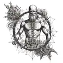 An intricate tattoo of Leonardo da Vinci's Vitruvian Man intertwined with blockchain symbols and trading charts, representing the fusion of art and technology tattoo design idea