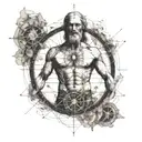 An intricate tattoo of Leonardo da Vinci's Vitruvian Man intertwined with blockchain symbols and trading charts, representing the fusion of art and technology tattoo design idea