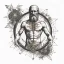 An intricate tattoo of Leonardo da Vinci's Vitruvian Man intertwined with blockchain symbols and trading charts, representing the fusion of art and technology tattoo design idea