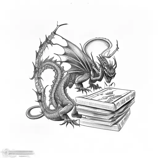 a red dragon and a black dragon fly out of a stack of books tattoo design idea