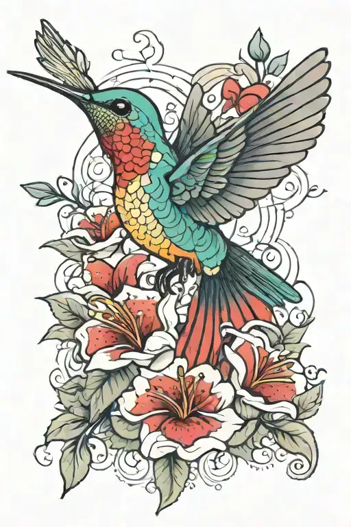 humming bird with flowers and bright red and to say forever and always  tattoo design idea