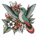 humming bird with flowers and red and to say forever and always  tattoo design idea