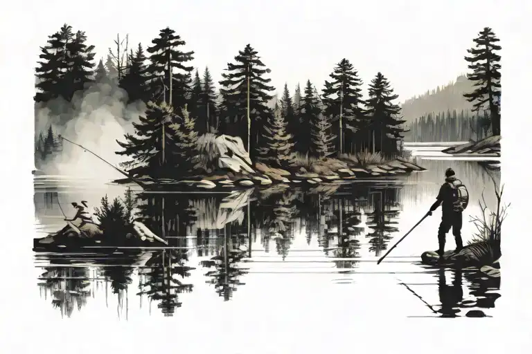lake and forest. father and son fishing in the distance. father and daughter walking in the distance  tattoo design idea