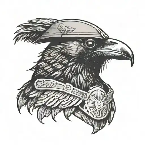 a portrait of a crow with an army helmet  tattoo design idea