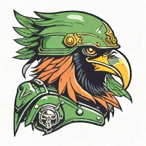 a crow in a green metal army helmet (full color) cartoon style portrait  tattoo design idea