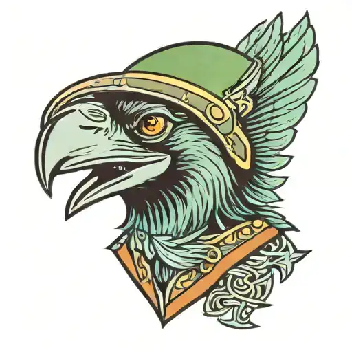 a crow in a green metal army helmet (full color) cartoon style portrait tattoo design idea