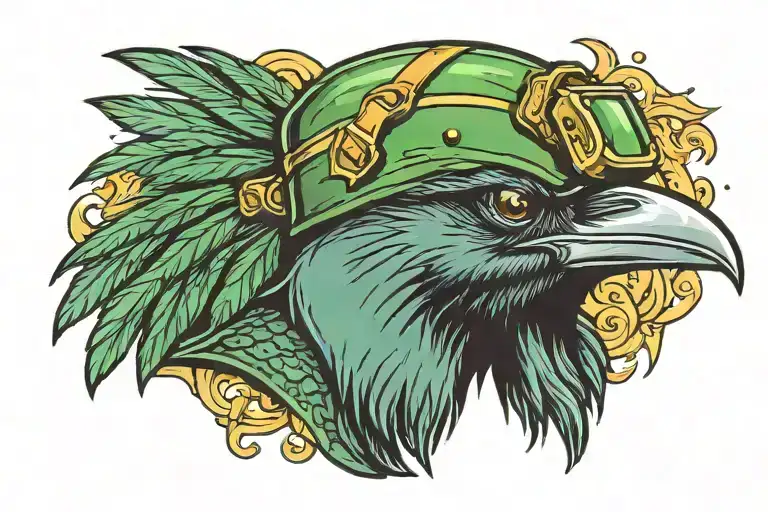 a crow in a green metal army helmet (full color) cartoon style portrait   tattoo design idea