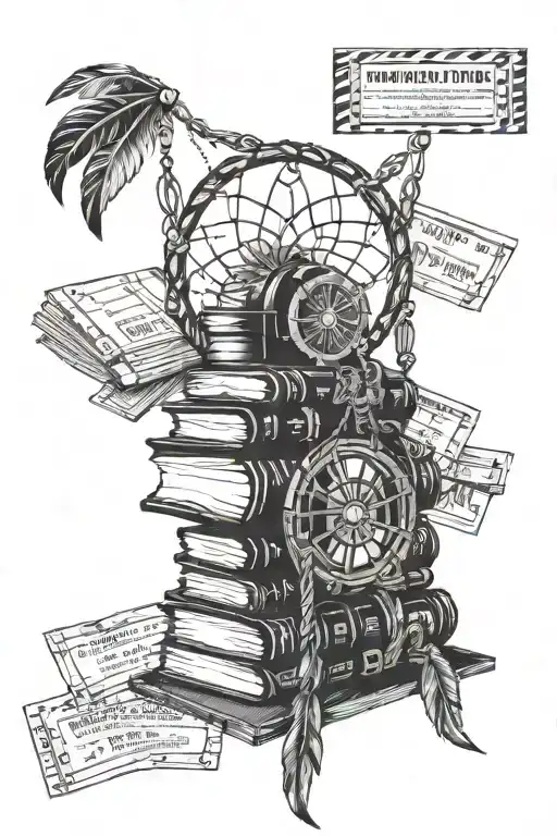 A stack of books with a dream catcher hanging off of it, surrounded by movie tickets and film reels tattoo design idea