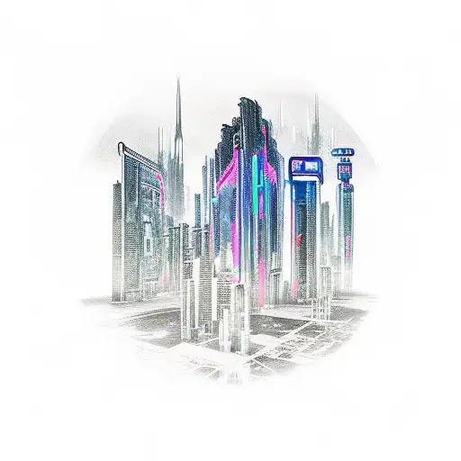A futuristic cyberpunk cityscape with gaming consoles as skyscrapers tattoo design idea