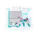 A futuristic cyberpunk cityscape with gaming consoles as skyscrapers tattoo design idea