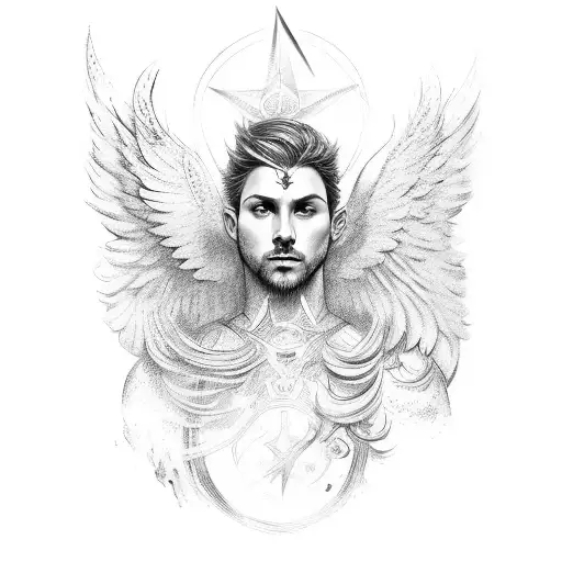 Archangel Michael with big wings and wavy hair tattoo design idea
