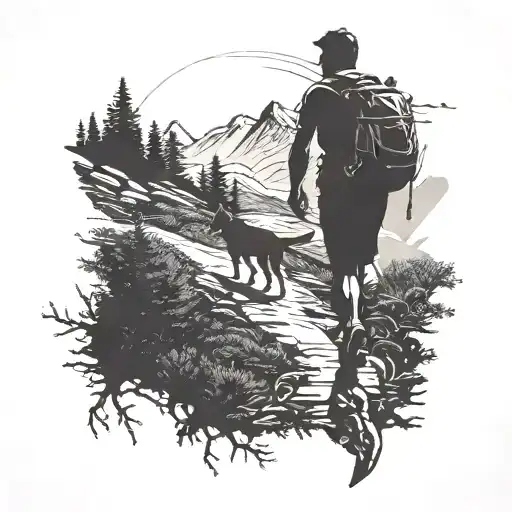 A silhouette of a runner on a mountain trail with a loyal dog by their side tattoo design idea
