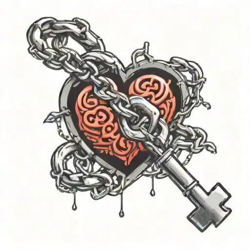 Chains of constraint, not letting go of the misunderstanding of life. But at the end of the chain is a heart, bound in a huge lock, but the key to tattoo design idea