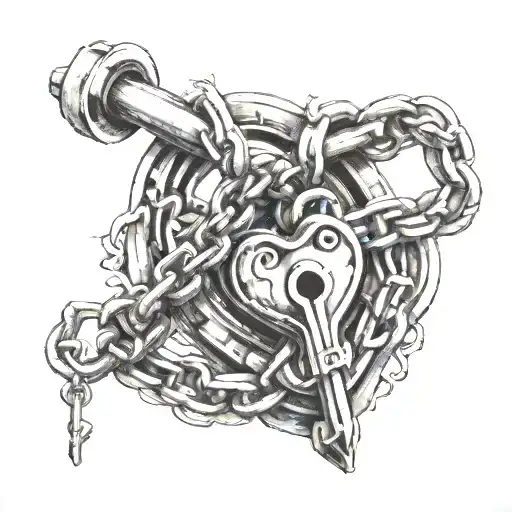 Chains of constraint, not letting go of the misunderstanding of life. But at the end of the chain is a heart, bound in a huge lock, but the key to tattoo design idea