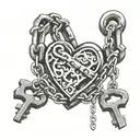 Chains of constraint, not letting go of the misunderstanding of life. But at the end of the chain is a heart, bound in a huge lock, but the key to tattoo design idea