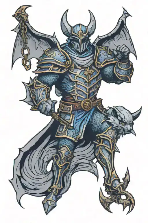 Saint George the Victorious and above him an evil bat with a chain tattoo design idea