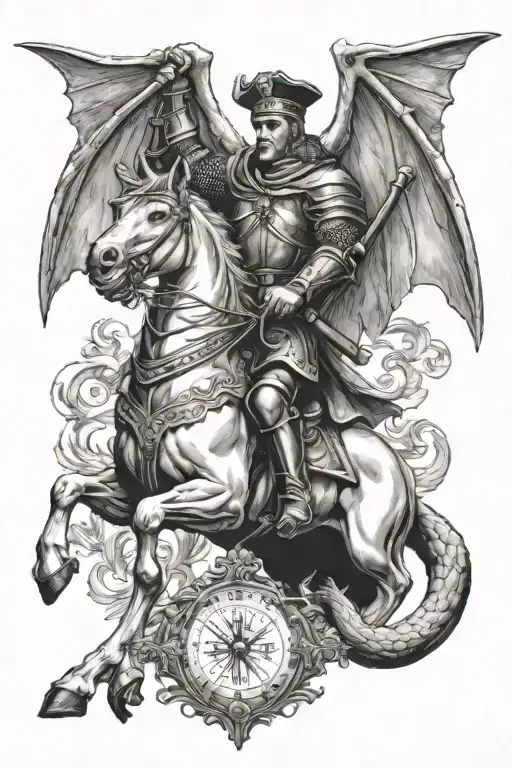 Saint George the Victorious and above him an evil bat with a beret tattoo design idea